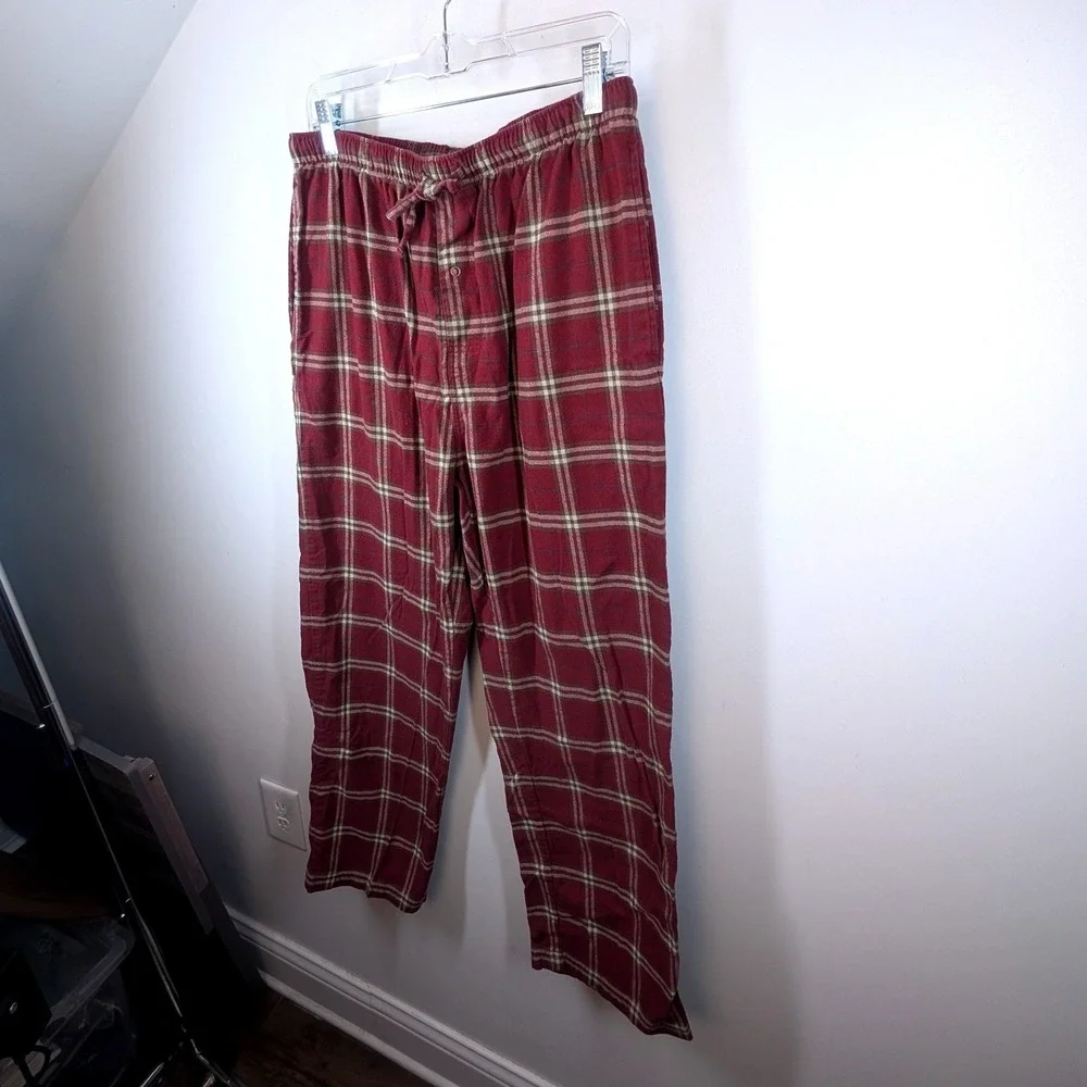 Garnet Hill‎ Mens Plaid Flannel Pajama Pants Burgundy Tan Cotton Sleepwear Large